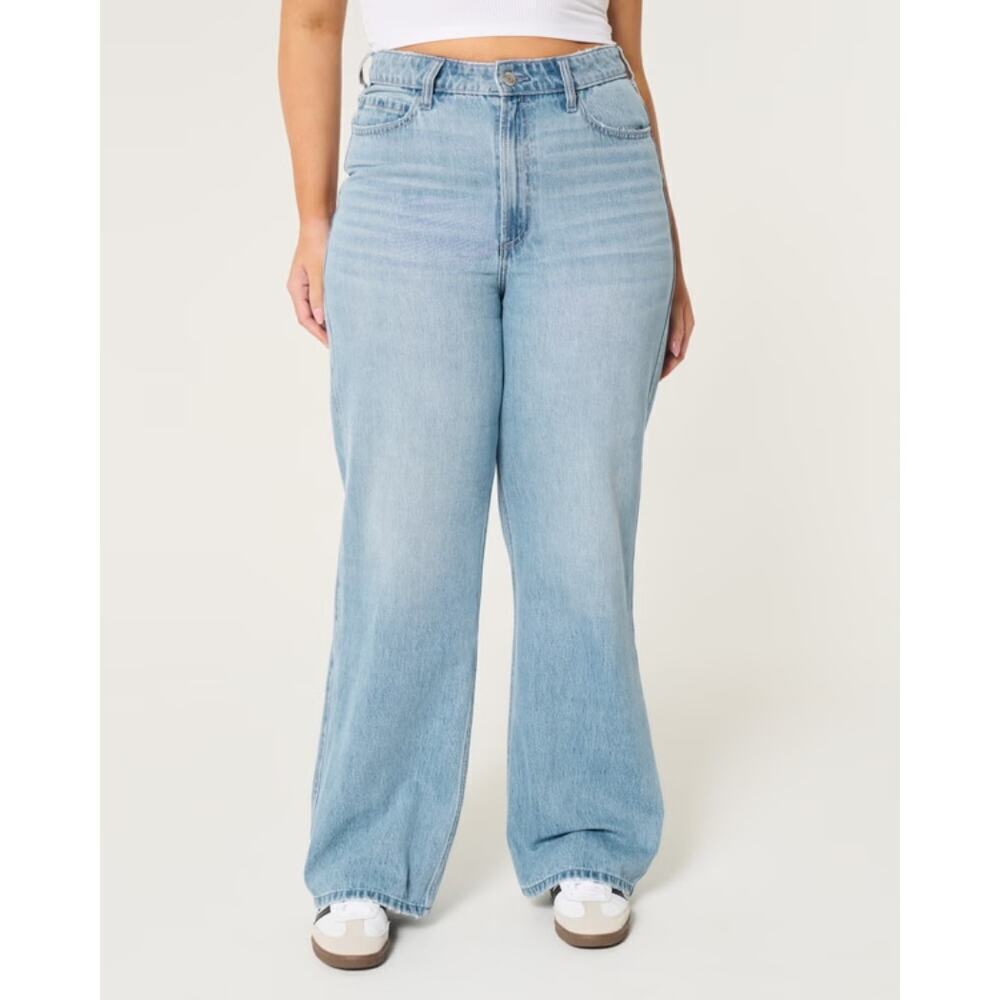 NWT Hollister Curvy Mid Rise Baggy Jeans Light Wash Blue Slouchy Relaxed Size 0R